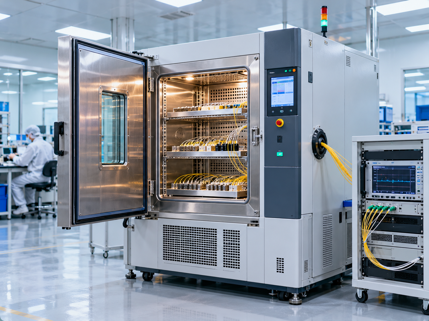Illustrative environmental test chamber containing fiber-connected components beside optical monitoring equipment