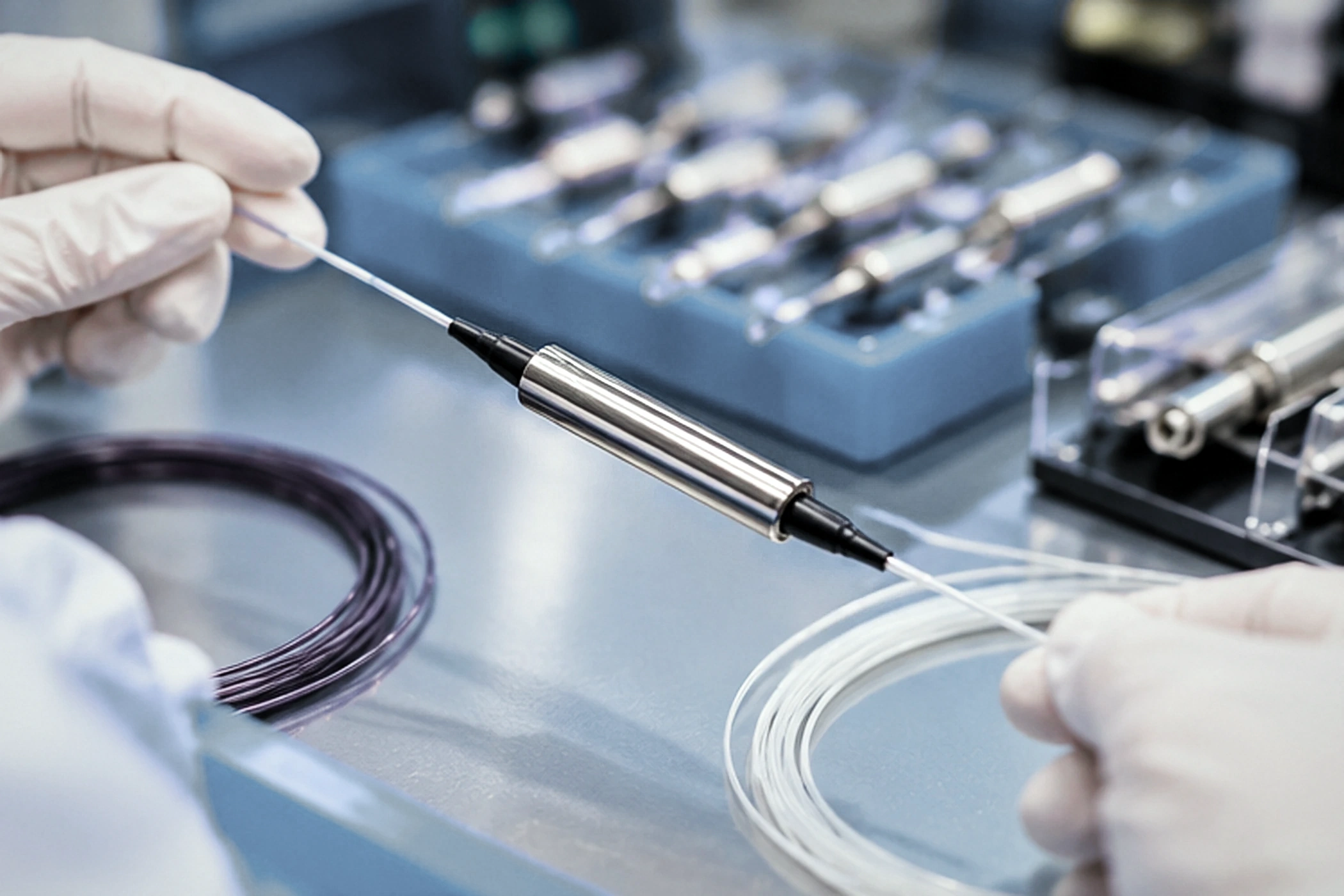 Gloved hands handling a fiber optic component