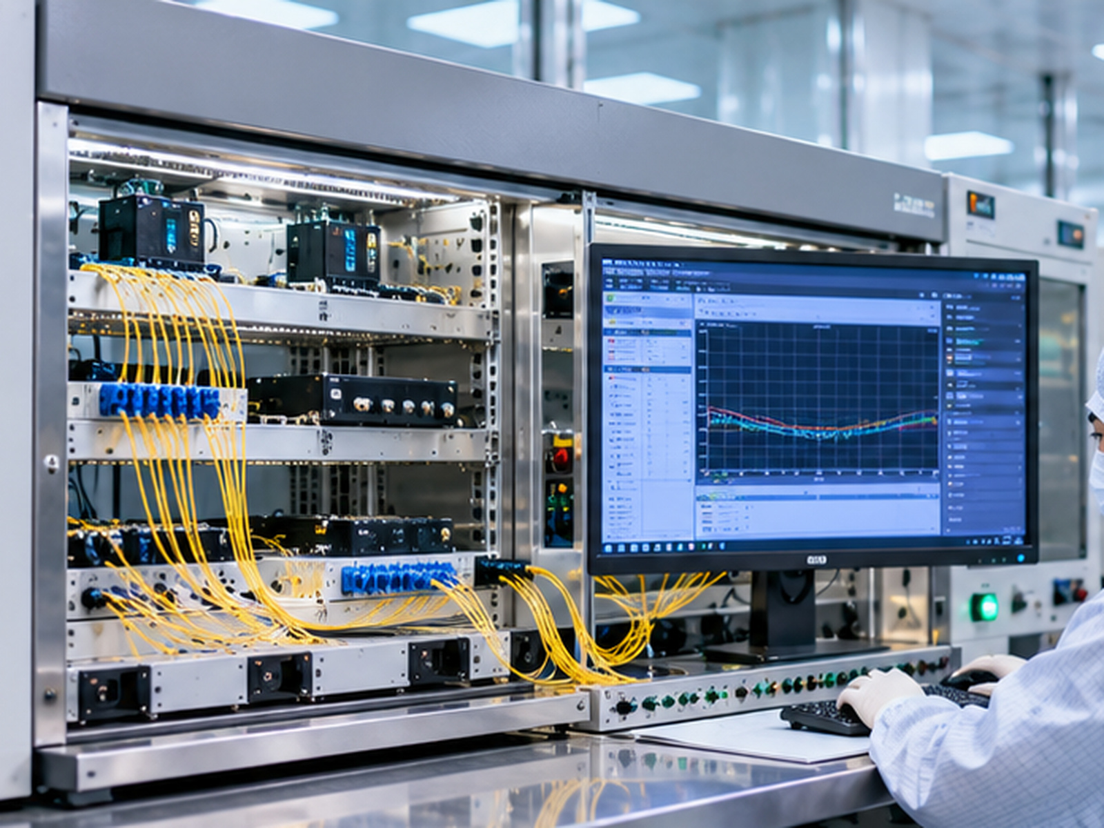 Illustrative optical characterization setup with fiber connections and measurement display