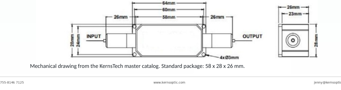 Package dimensions for 006 780 1080nm 20w tgg high power in line optical isolator