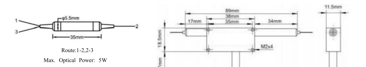 Package dimensions for 020 1310 1550nm 20w high power optical circulator