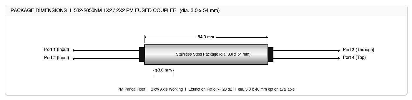 032 532-2050nm 1x2 / 2x2 PM Fused Coupler, Center Wavelength: 532, 633, 780, 808, 850, 980, 1030, 1064, 1310, 1550, 1950-2050 – KernsOptic