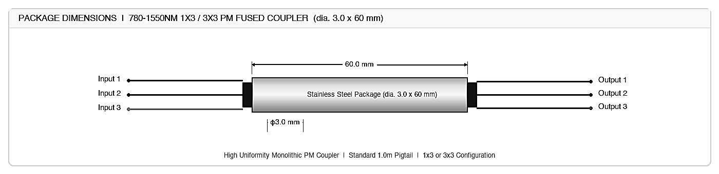 033 780-1550nm 1x3 / 3x3 PM Fused Coupler, Center Wavelength: 780, 808, 850, 980, 1030, 1064, 1310, 1550 – KernsOptic