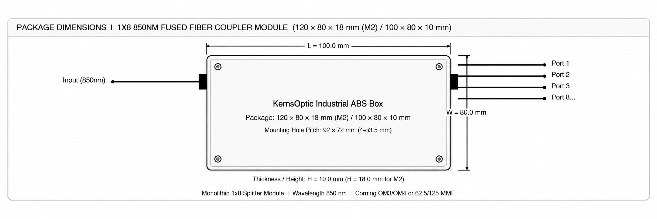 107 1x8 850nm Fused Fiber Coupler Module, Port Configuration: 1x8 (or 2x8) – KernsOptic