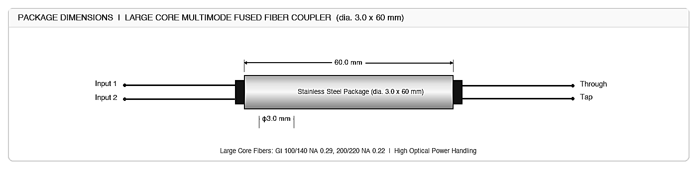 111 Large Core Multimode Fused Fiber Coupler (105/125, 200/220), Fiber Core / Clad Diameter: 105/125um or 200/220um (Step Index, NA 0.22) – KernsOptic