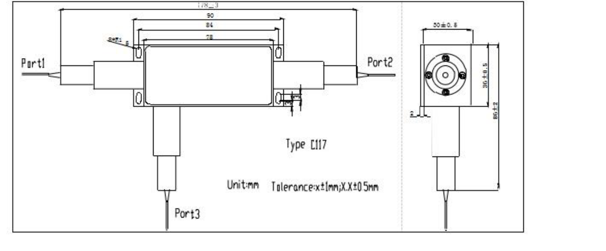 Package dimensions for 115 633nm high power pm optical circulator